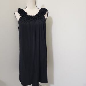 LONDON TIMES Sleeveless Ruffle Trim Slinky Stretch Dress Knee Length 14‎ Black